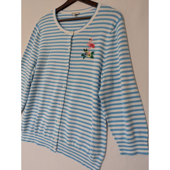 Talbots Blue White Striped Embroidered Pink Flamingo Cardigan Sweater Size XL - Picture 2 of 8